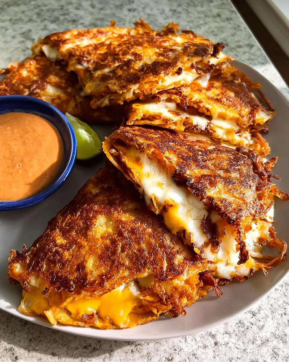 Golden-brown, crispy cheese quesadillas cut in half, served with a side of dipping sauce and lime wedge for Taco Tuesday.