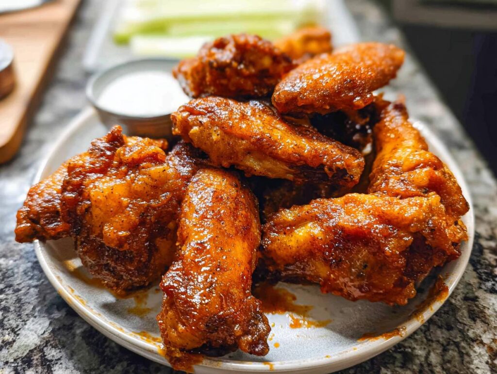 A plate of crispy, glazed chicken wings served with a side of dipping sauce and celery sticks.