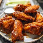 A plate of crispy, glazed chicken wings served with a side of dipping sauce and celery sticks.
