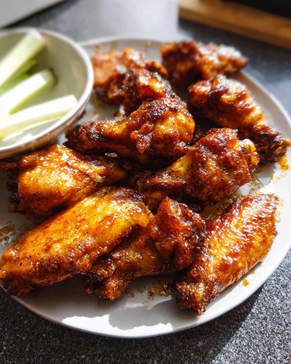 A plate of perfectly cooked crispy chicken wings with a glossy glaze, served with celery sticks.
