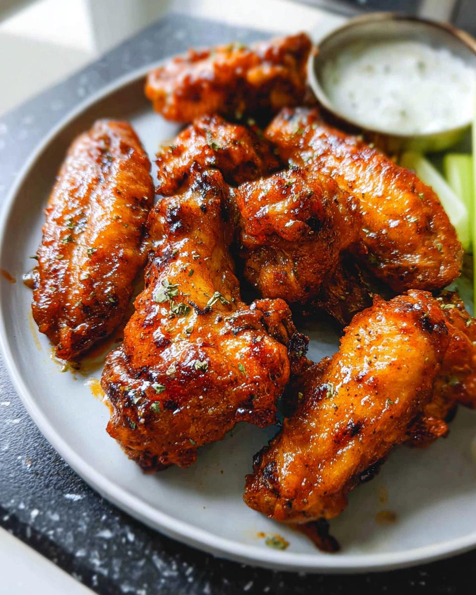 A plate of delicious, crispy chicken wings glazed with sauce and sprinkled with herbs, served with celery sticks and dip.