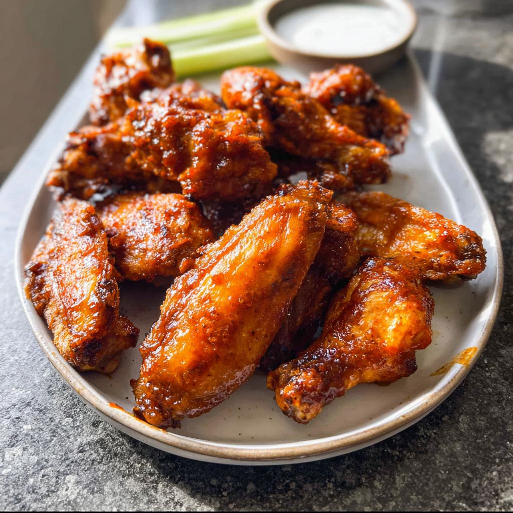 A platter of crispy, glazed chicken wings with celery sticks and a dipping sauce, perfect for a party.