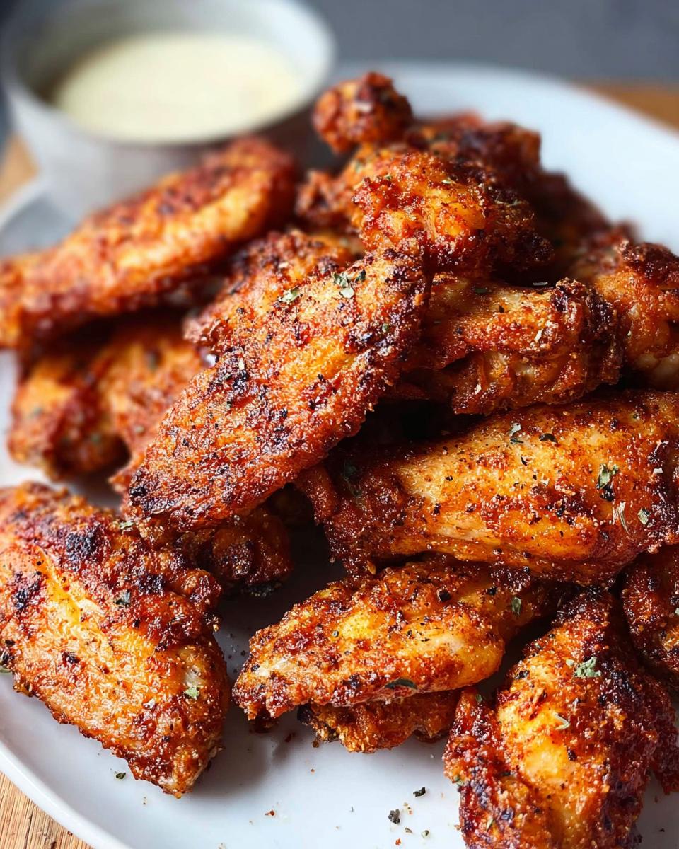 A close-up of a pile of perfectly cooked, crispy chicken wings with a seasoned coating and a side of dipping sauce.
