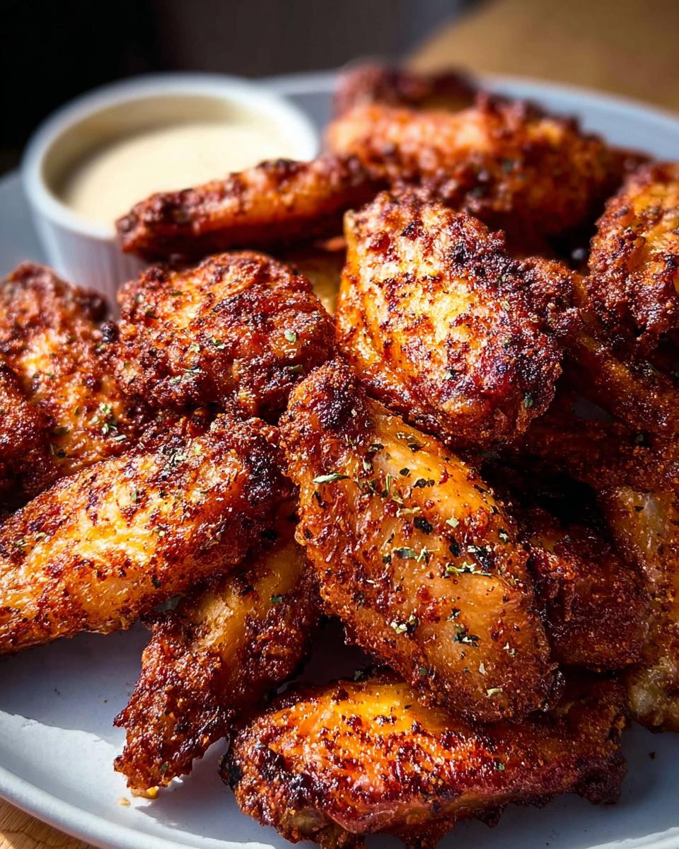A close-up of perfectly cooked, crispy chicken wings seasoned with herbs, served with a side of dipping sauce.