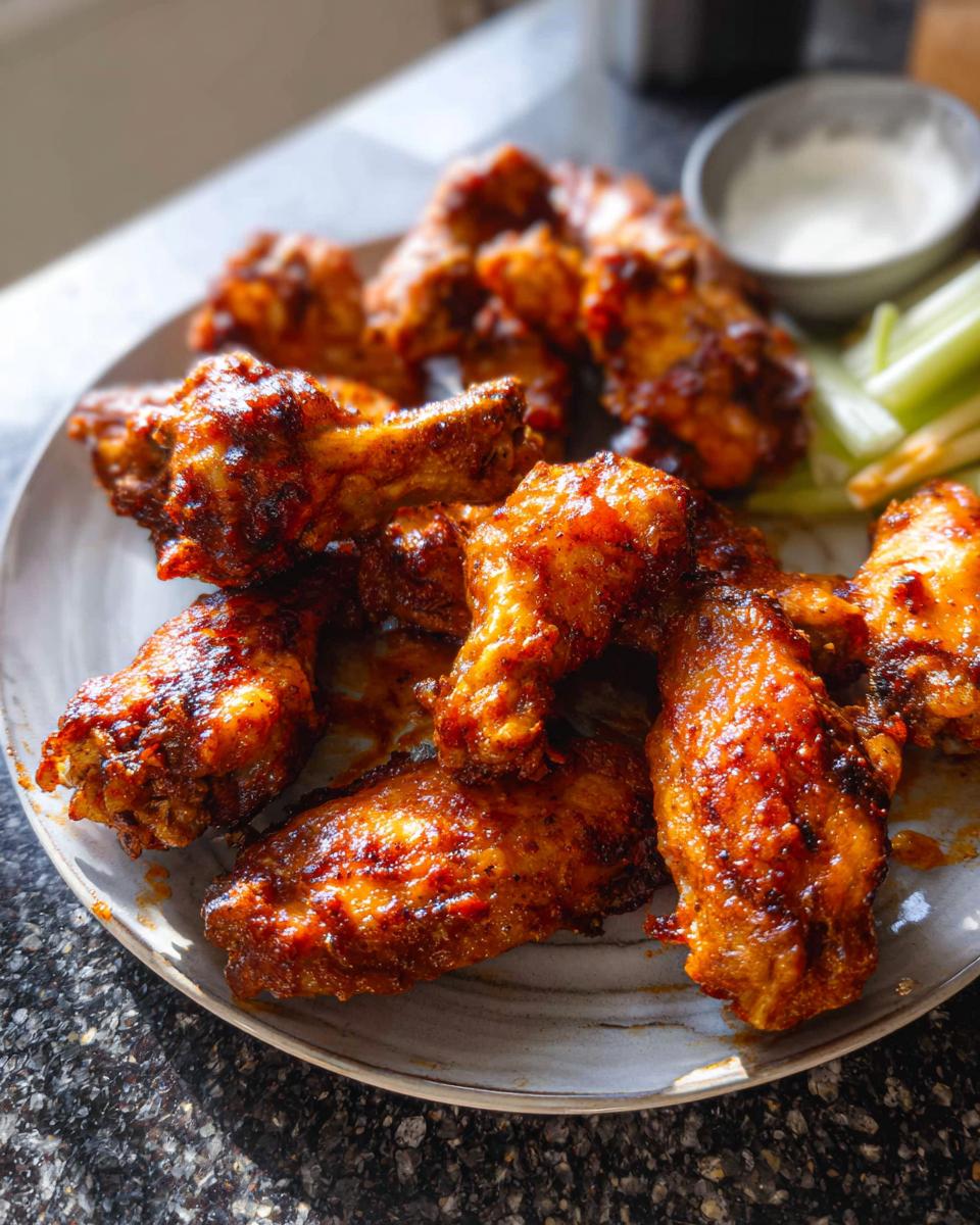 A plate of crispy, glazed chicken wings served with celery sticks and a dipping sauce.
