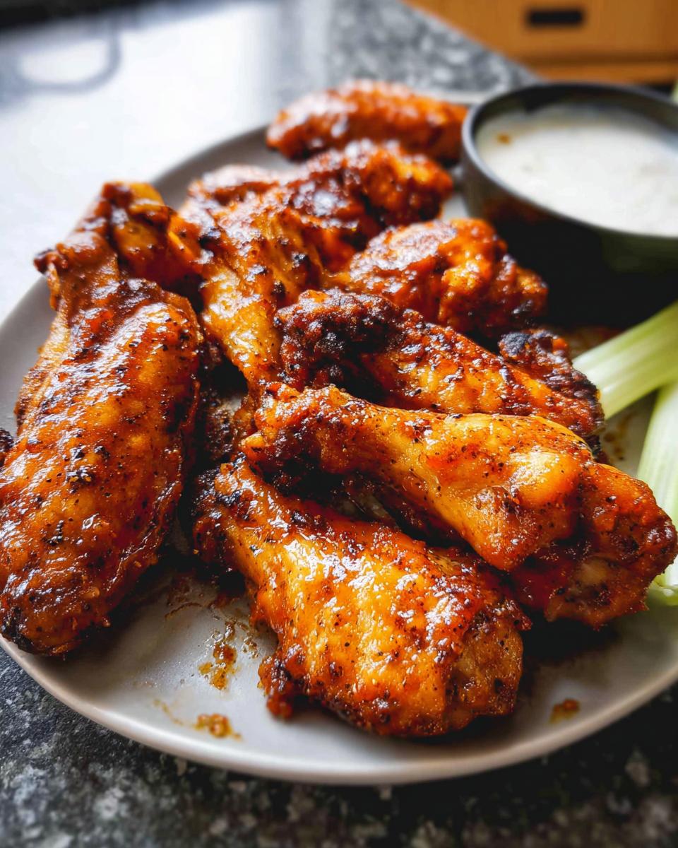 A plate piled high with delicious, crispy chicken wings, served with celery sticks and a side of dipping sauce.