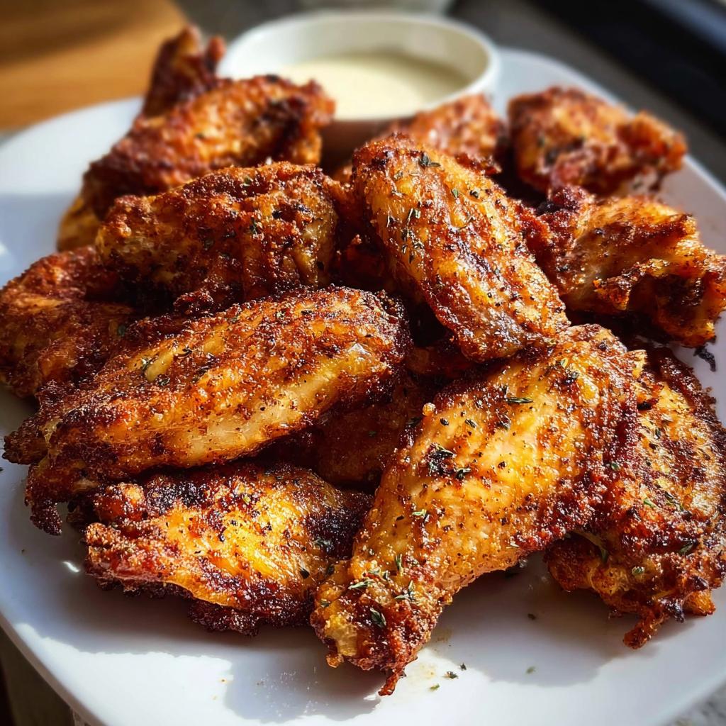 A close-up of a plate piled high with perfectly seasoned and crispy chicken wings, served with a side of dipping sauce.