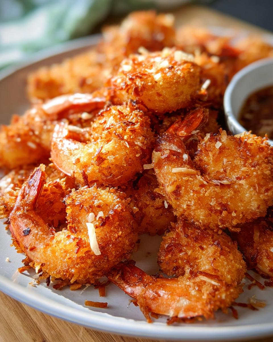 Close-up of a pile of golden-brown, crispy coconut shrimp, a delicious shrimp recipe idea.