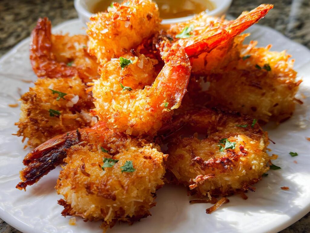 A plate of golden-brown crispy coconut shrimp, garnished with parsley, ready to be dipped.
