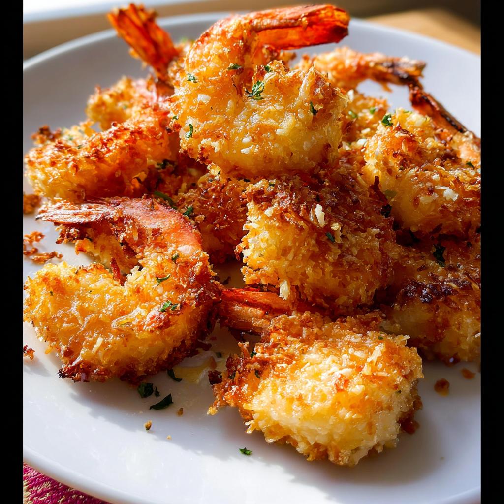 Close-up of golden-brown crispy coconut shrimp, a delicious shrimp recipe, garnished with parsley.
