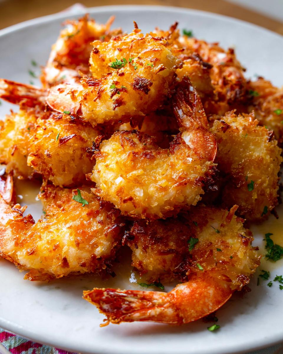 Close-up of golden-brown crispy coconut shrimp, a delicious shrimp recipe, garnished with parsley.