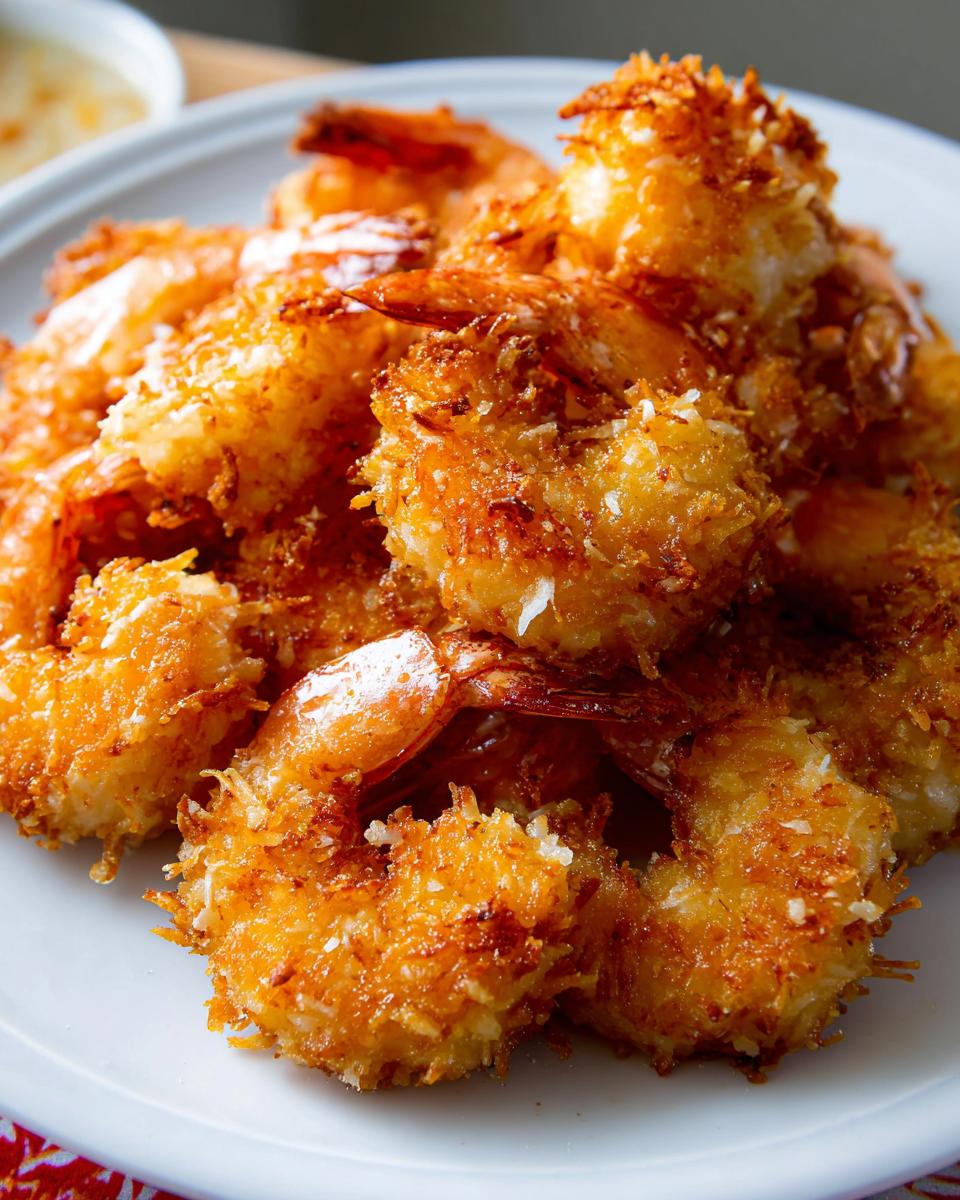 Close-up of golden-brown crispy coconut shrimp piled on a white plate, a perfect addition to your shrimp recipes.