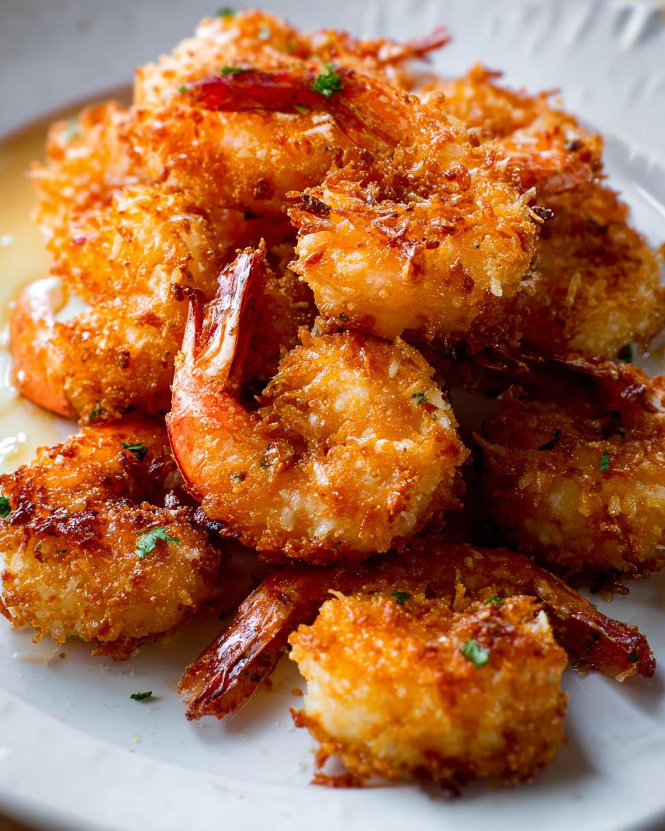 A pile of golden-brown crispy coconut shrimp, a delicious shrimp recipe, served on a white plate.