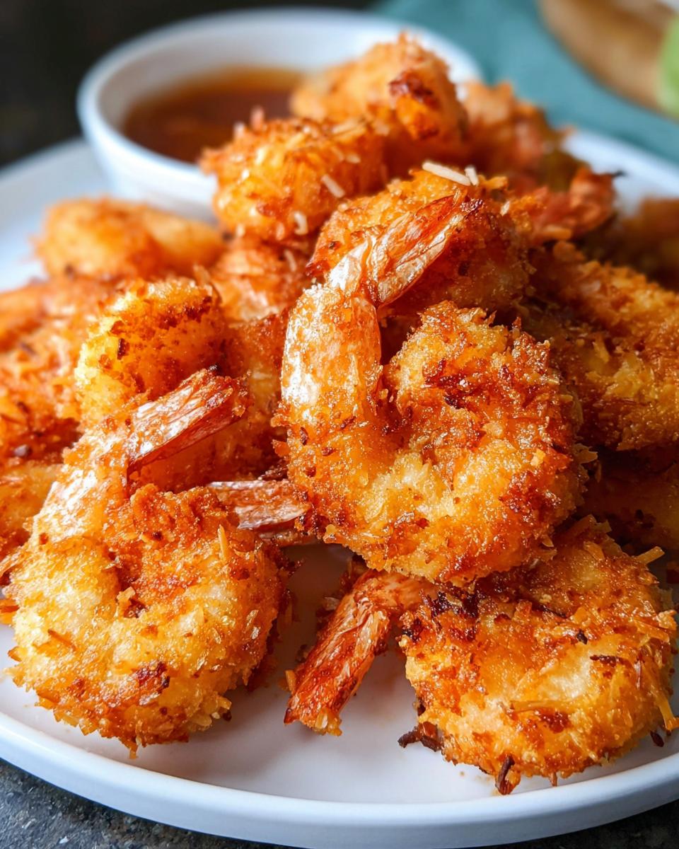 Close-up of golden-brown crispy coconut shrimp, a delicious shrimp recipe idea for busy weeknights.
