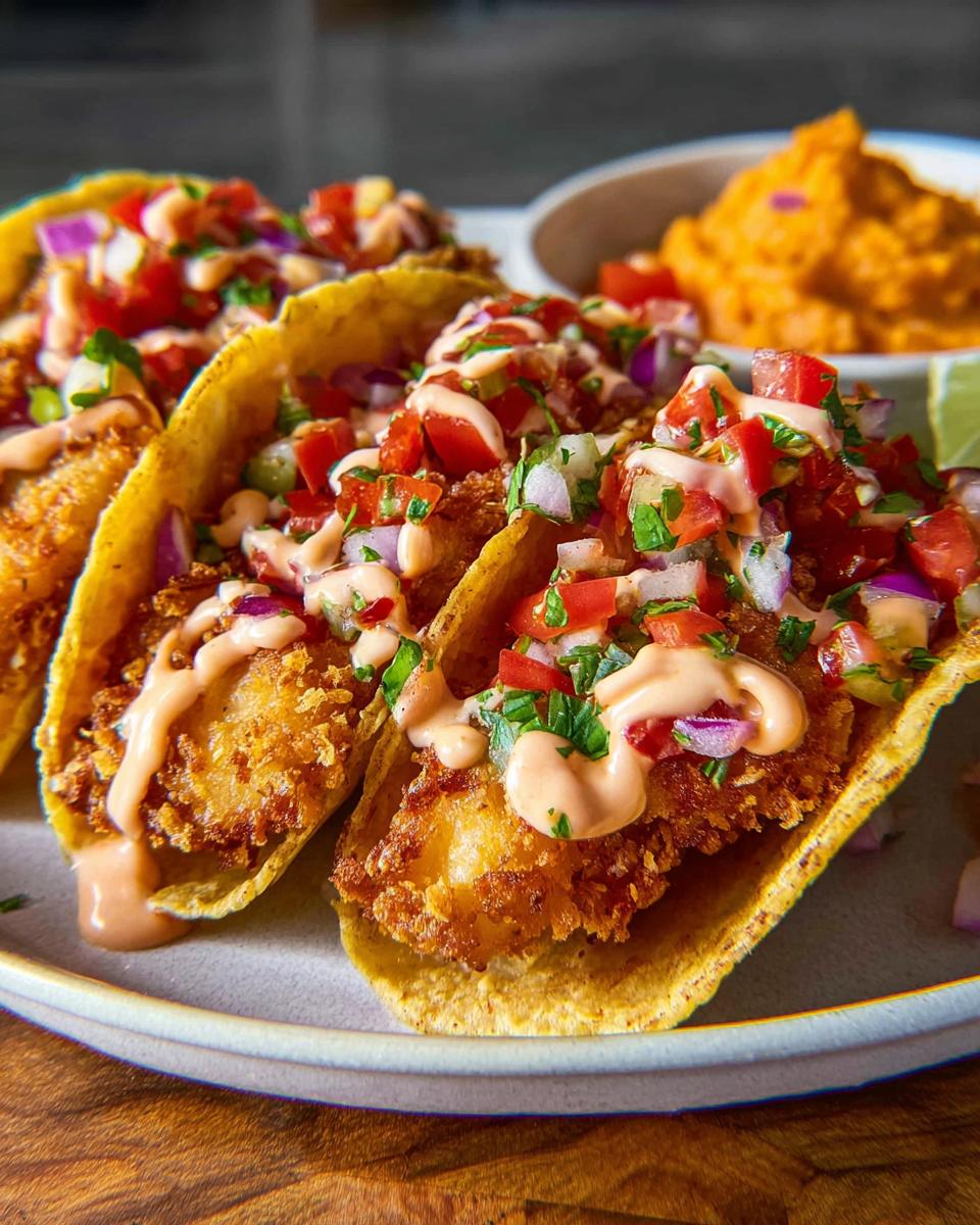 Close-up of three crispy fish tacos topped with pico de gallo and a creamy sauce, perfect for Taco Tuesday recipes.