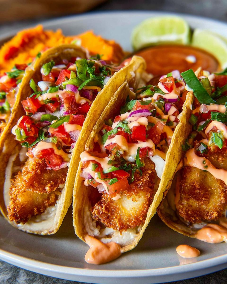 Three crispy fish tacos topped with pico de gallo and a creamy sauce, part of delicious Taco Tuesday recipes.
