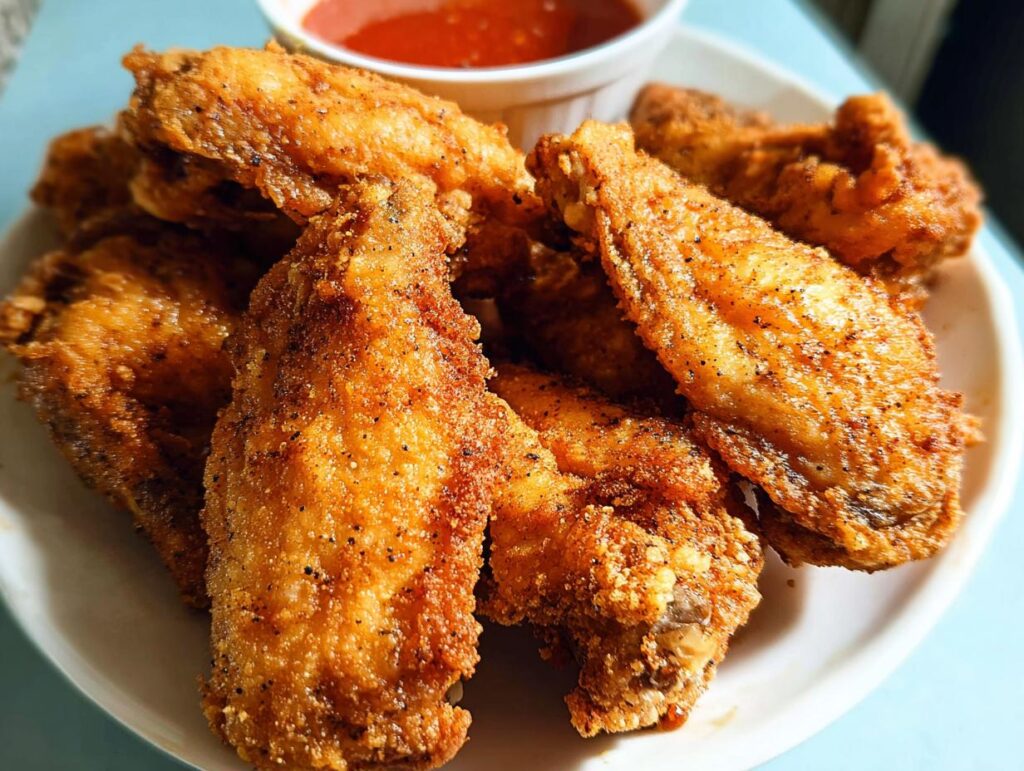 A plate of crispy, golden-brown fried chicken wings seasoned with pepper, served with a small bowl of dipping sauce.