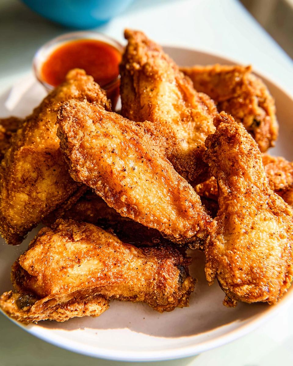 A plate of golden-brown, crispy fried chicken wings with a side of dipping sauce, perfect for beginners.