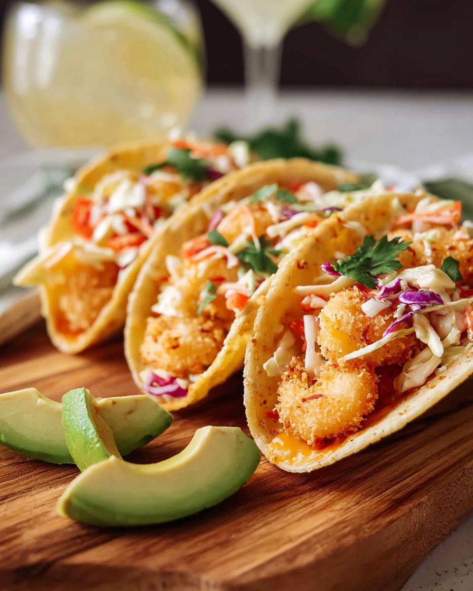 Three crispy shrimp tacos filled with shredded cabbage, salsa, and cilantro, served with avocado slices.