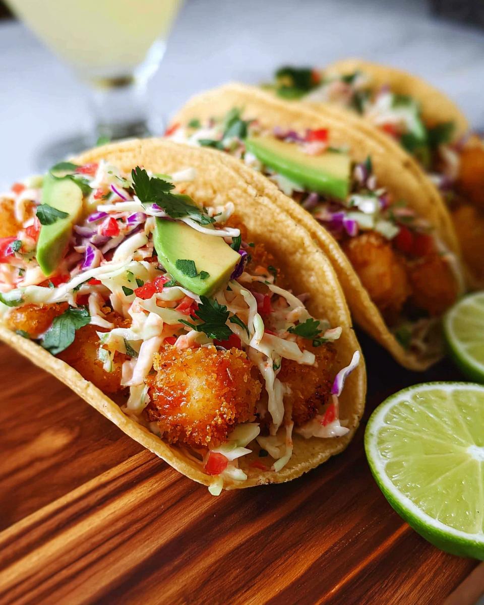 Three crispy shrimp tacos topped with slaw, avocado, and cilantro, served with lime wedges. A quick shrimp recipe.