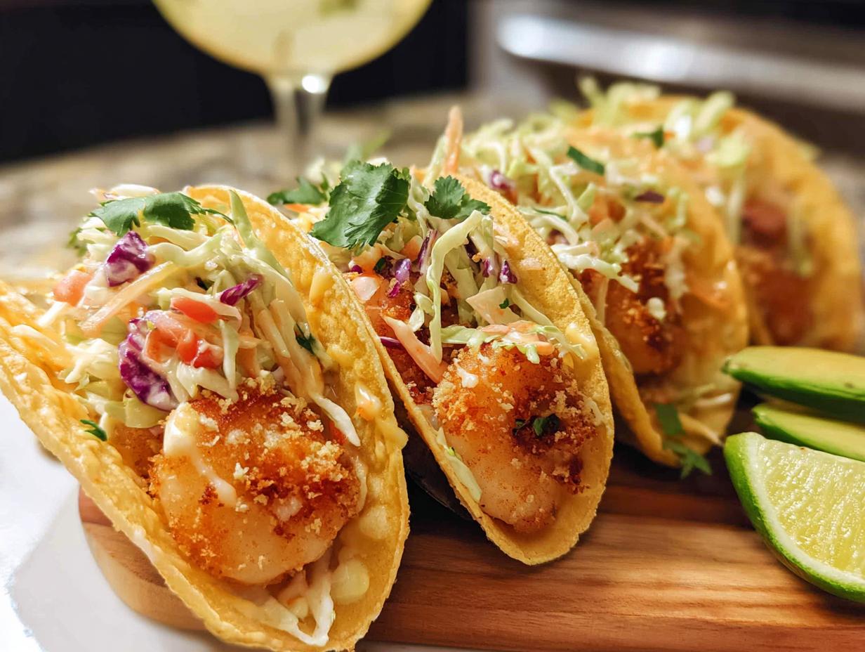 Three crispy shrimp tacos filled with shrimp, slaw, and cilantro, served with lime and avocado.
