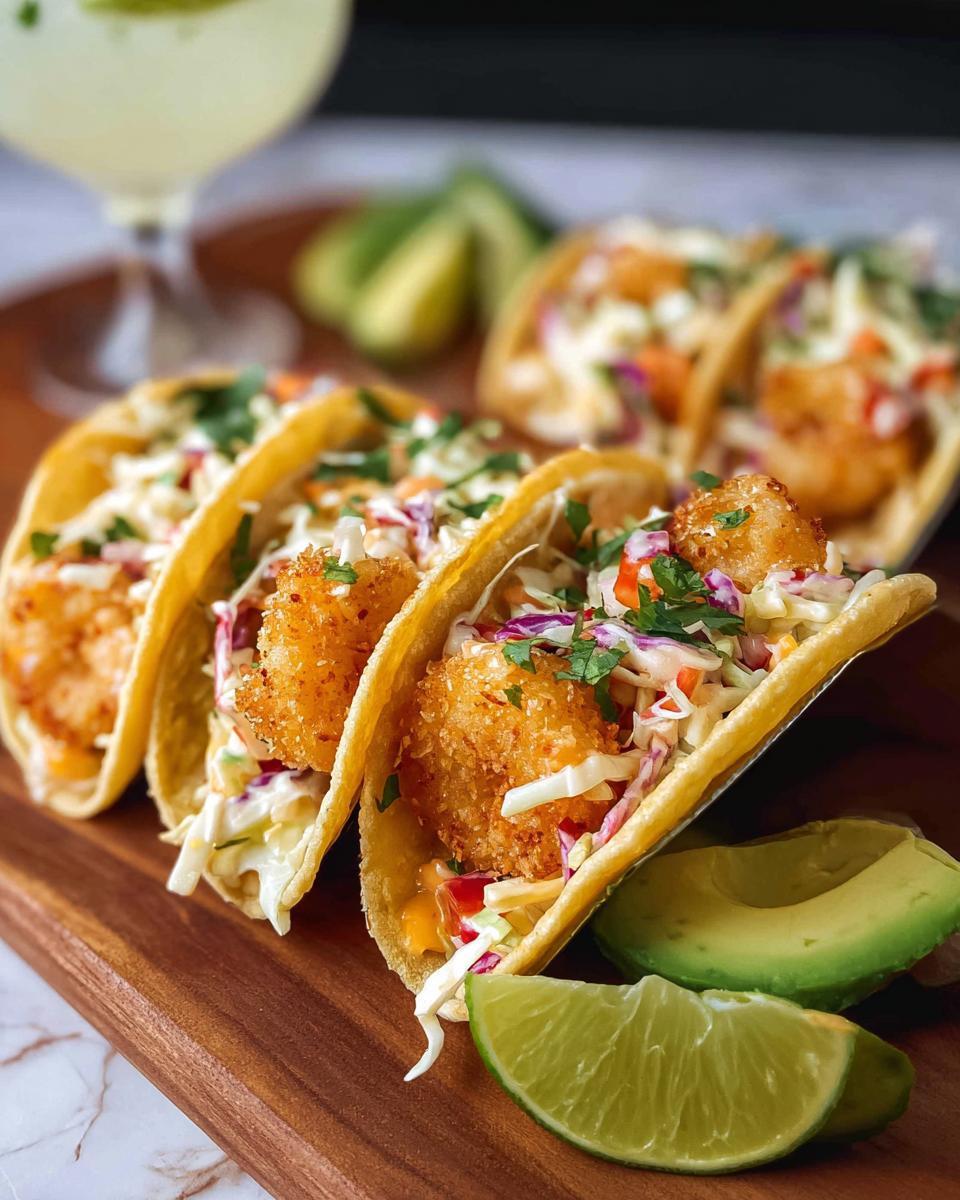 Close-up of three crispy shrimp tacos on a wooden board, topped with slaw and cilantro, with avocado and lime wedges.