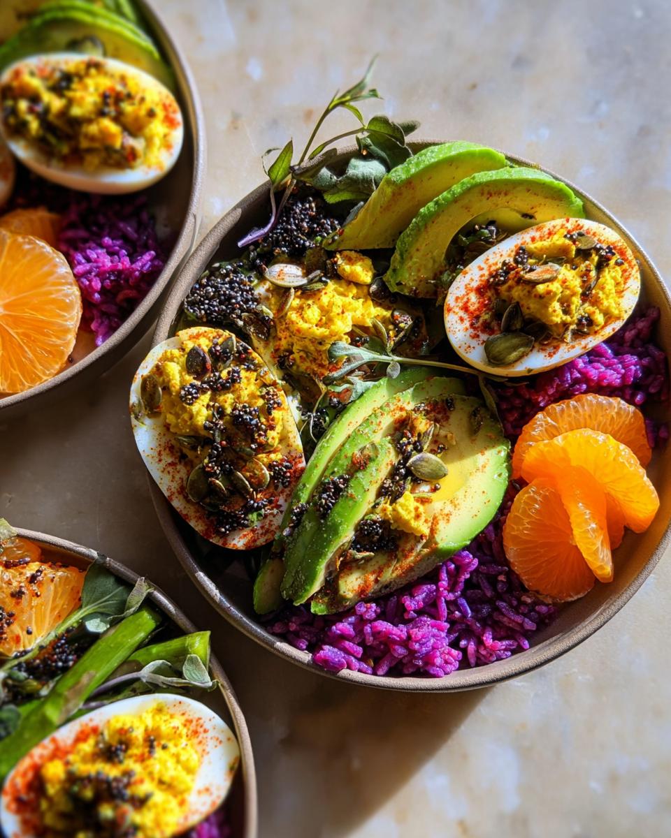 A vibrant bowl featuring deviled eggs, sliced avocado, purple rice, and orange segments, part of The Ultimate Egg Recipes Guide for Beginners.