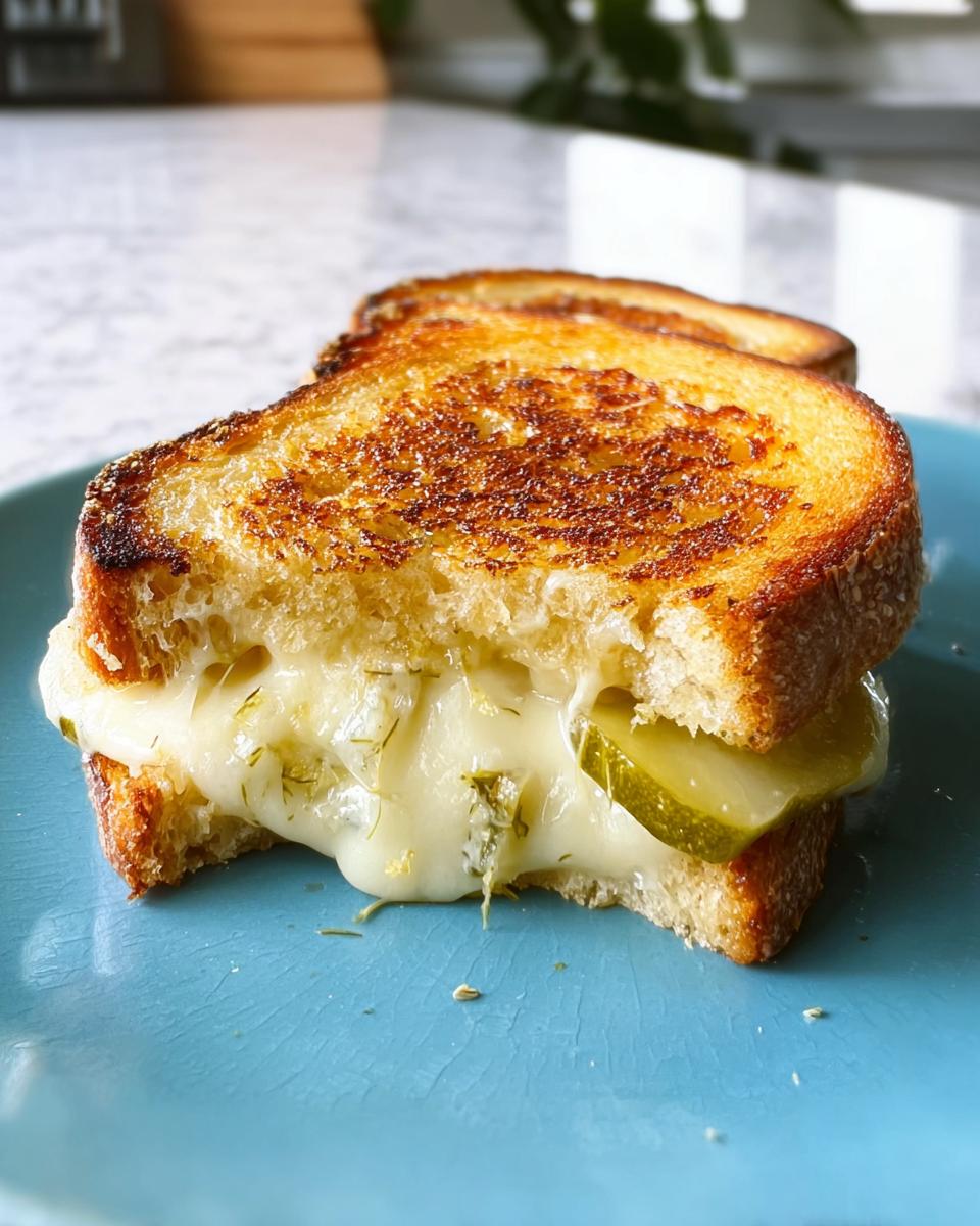 A delicious dill pickle grilled cheese sandwich with melted cheese and dill, perfect for weeknight meals.