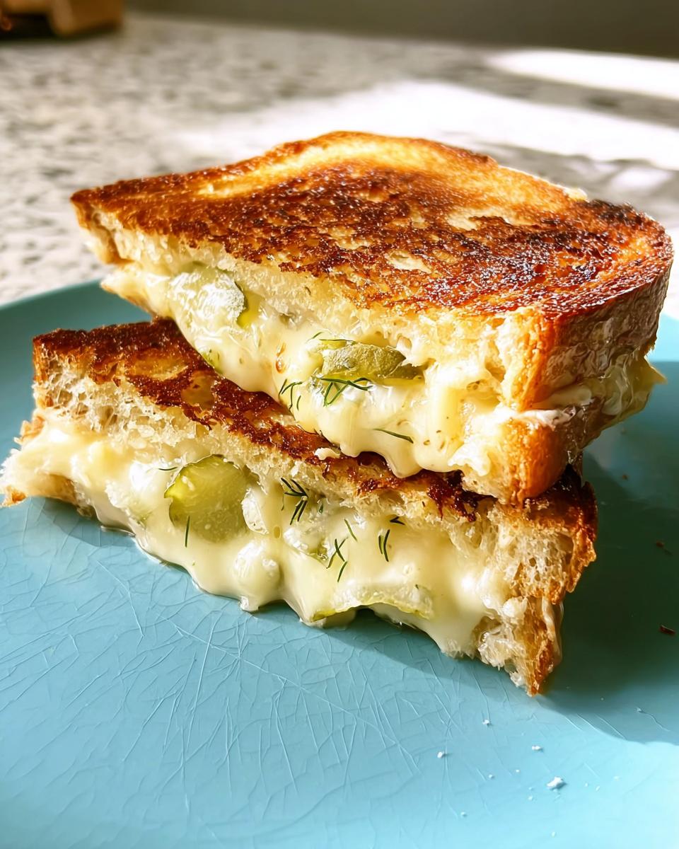 A close-up of a gourmet grilled cheese sandwich stacked with melted cheese, dill pickles, and fresh dill.