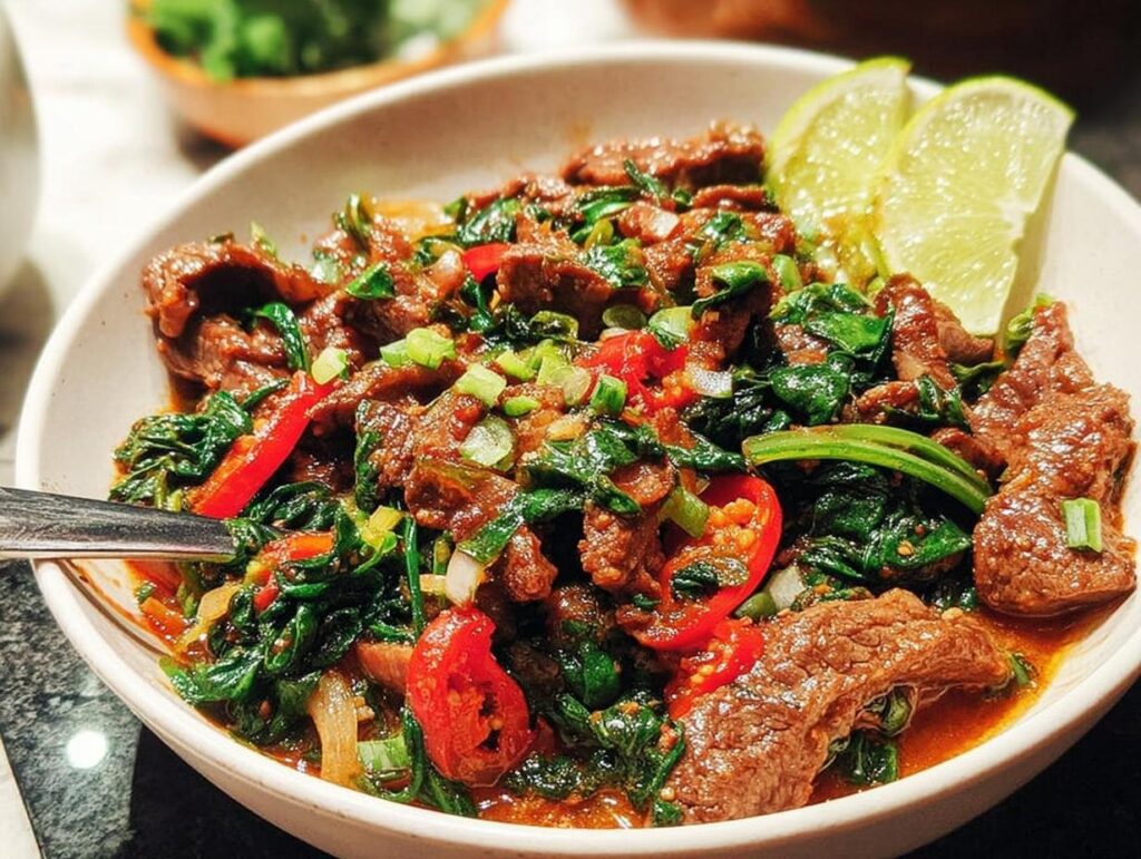 A close-up of a bowl of easy beef and spinach stir-fry with red chili peppers and lime wedges.