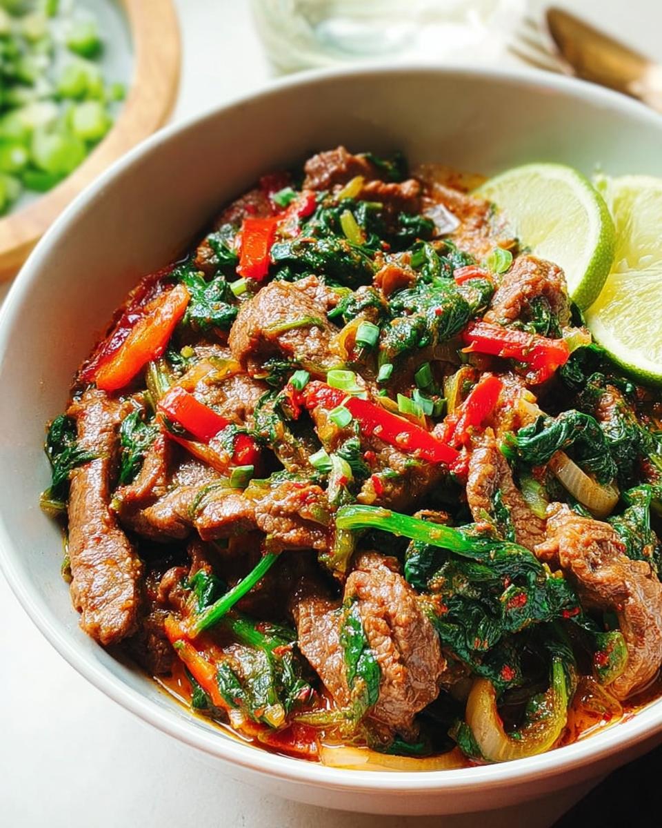 Close-up of a bowl of stir-fried beef with spinach, red bell peppers, and lime wedges.