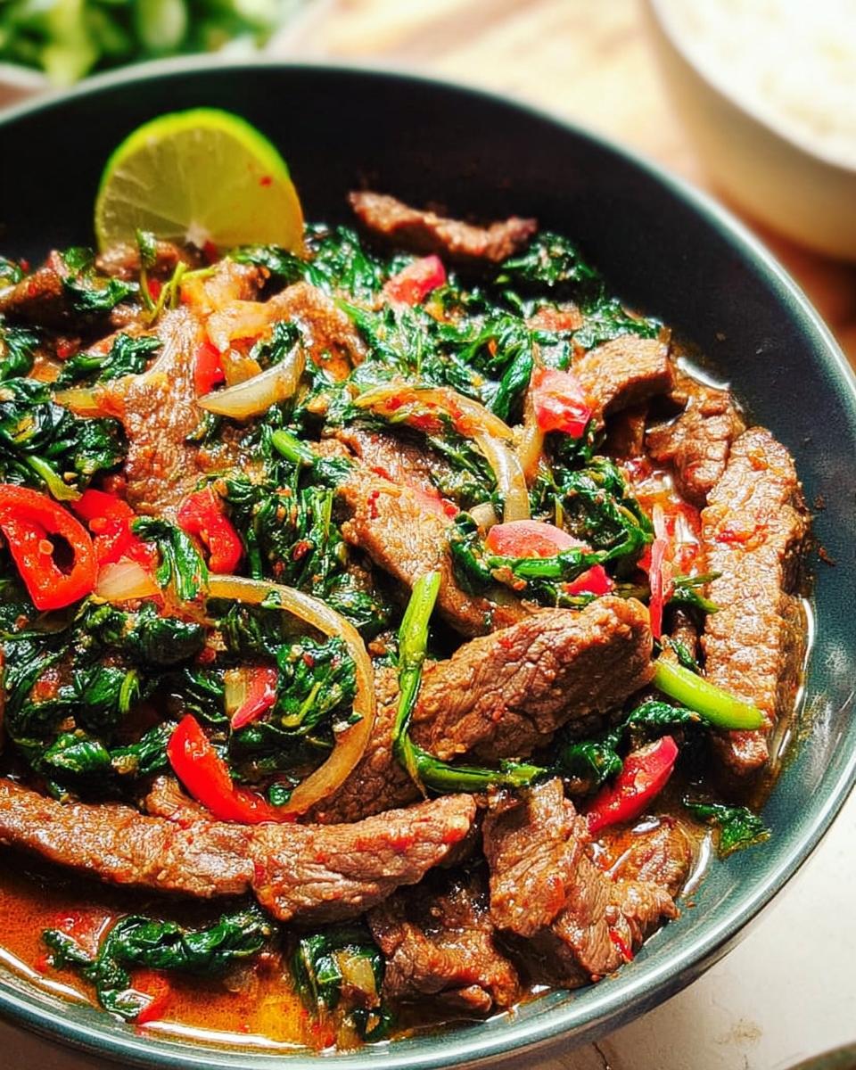 Close-up of a delicious beef and spinach stir-fry with red peppers, onions, and a lime wedge, perfect for easy dinner recipes.