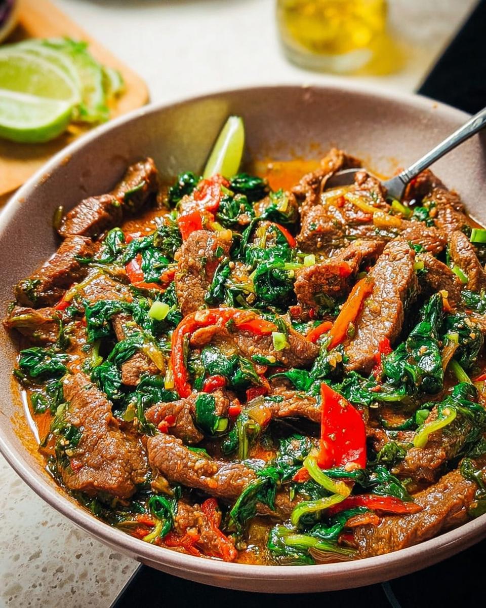 A close-up of a bowl filled with easy beef and spinach stir-fry, garnished with lime wedges.
