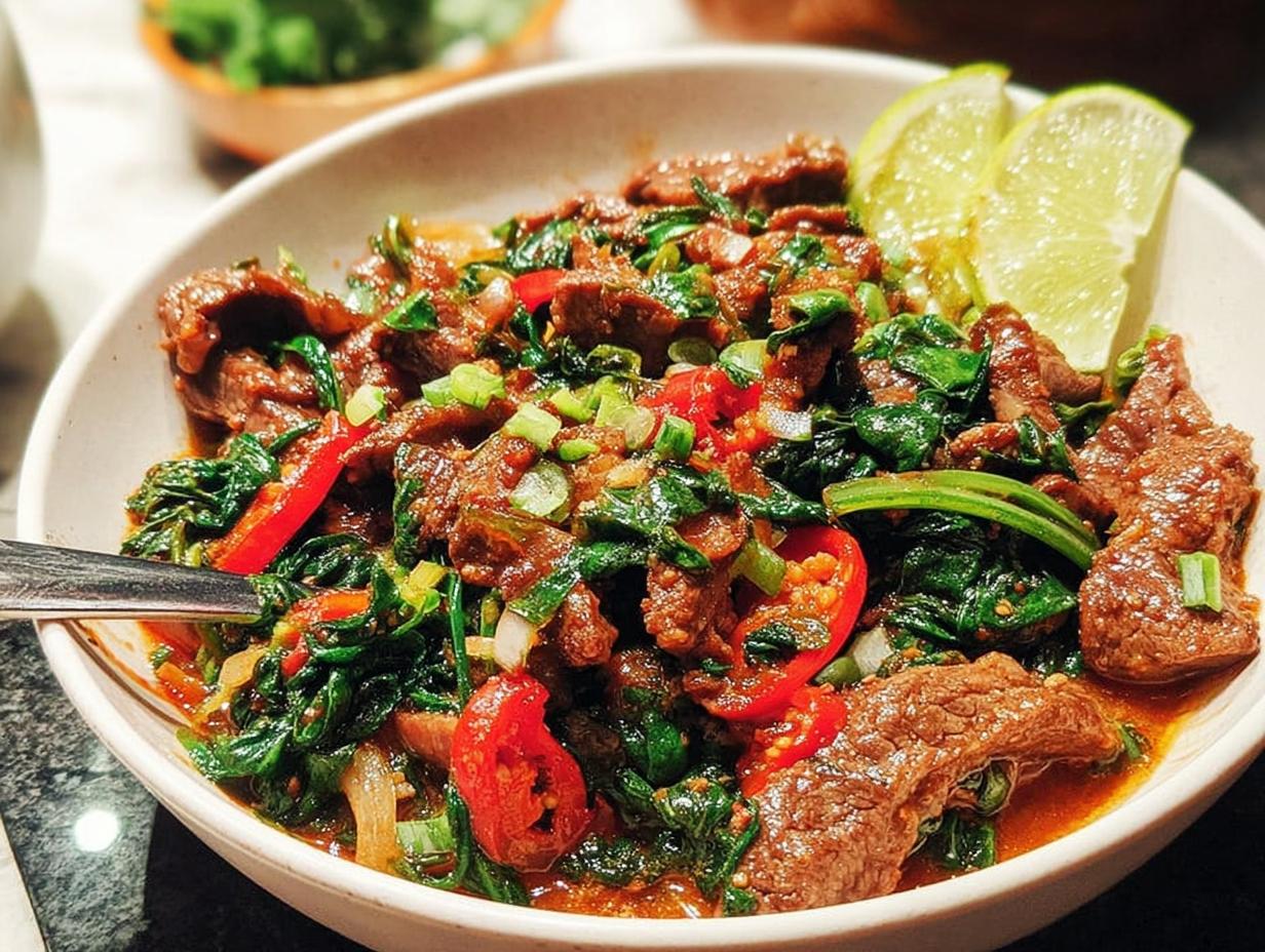 A close-up of a bowl of easy beef and spinach stir-fry with red chili peppers and lime wedges.