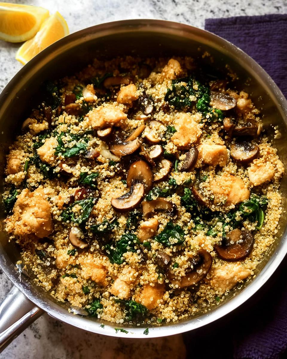 A close-up of a skillet filled with a delicious chicken and quinoa recipe, featuring mushrooms and kale.