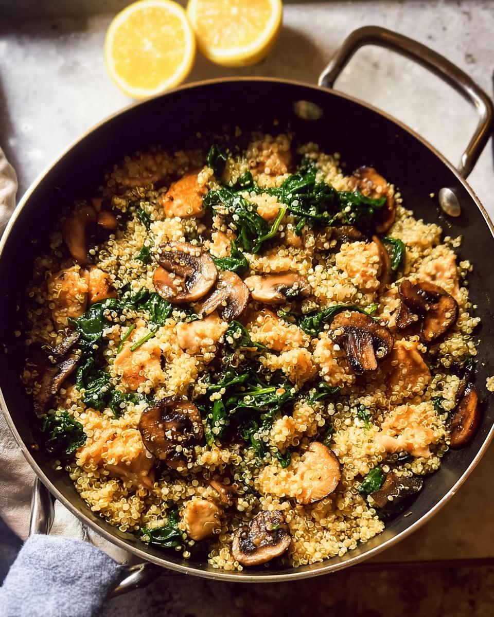 A delicious skillet meal with chicken, quinoa, mushrooms, and spinach, perfect for easy chicken recipes.