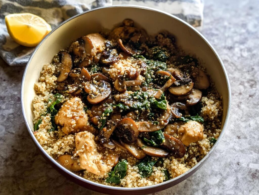 A beginner-friendly chicken recipe featuring a quinoa bowl with tender chicken pieces, sautéed mushrooms, and greens.