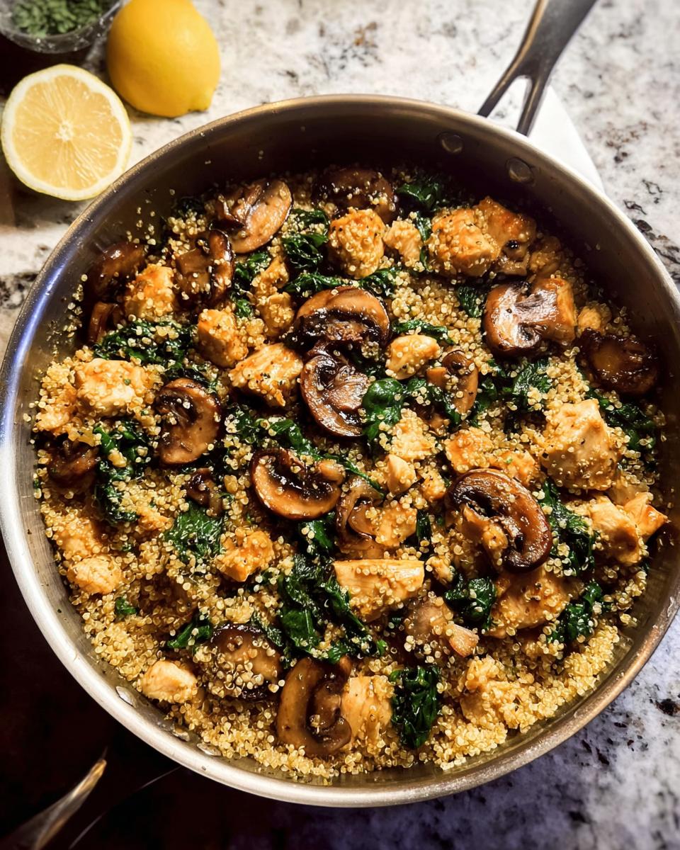A skillet filled with quinoa, chicken pieces, mushrooms, and kale, with lemon halves in the background. A great chicken recipe for beginners.