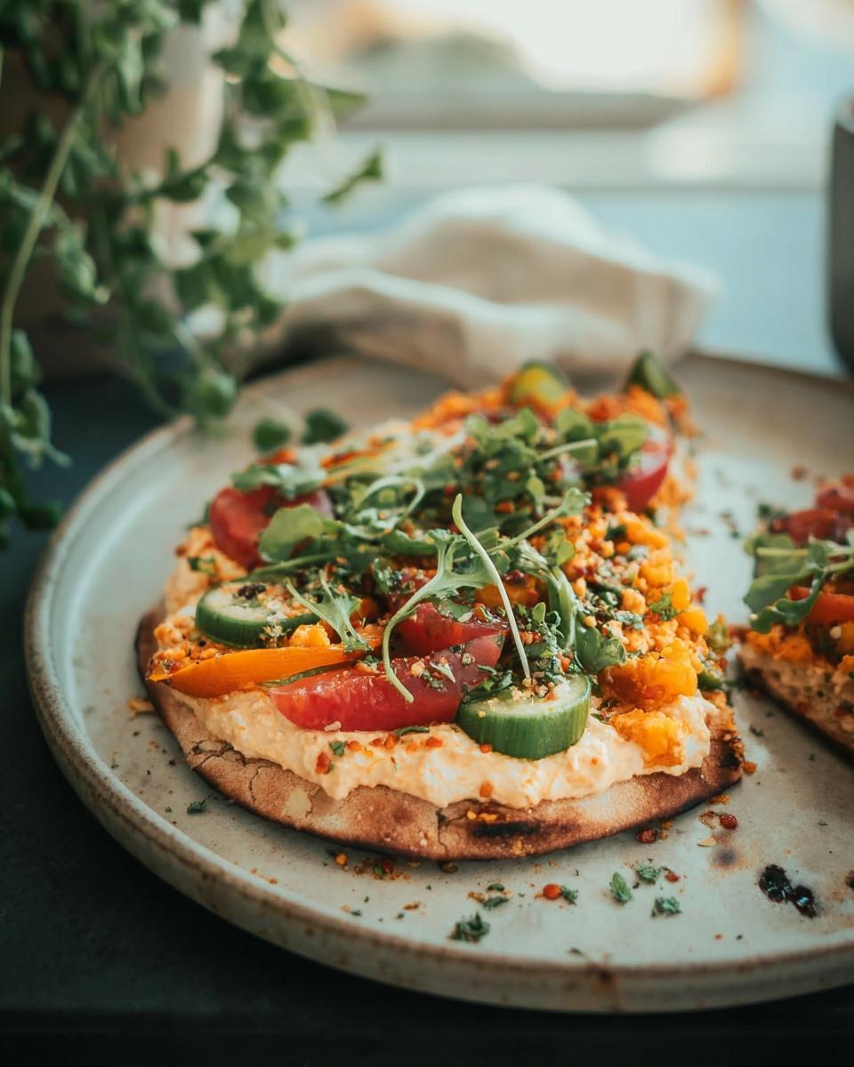 A delicious and easy dinner recipe idea: a hummus flatbread topped with fresh tomatoes, cucumber slices, and arugula.