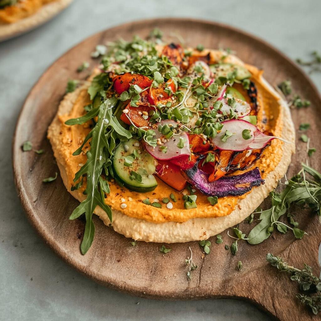 A vibrant and healthy hummus flatbread topped with roasted vegetables, cucumber, radish, and microgreens, perfect for easy dinner recipes.