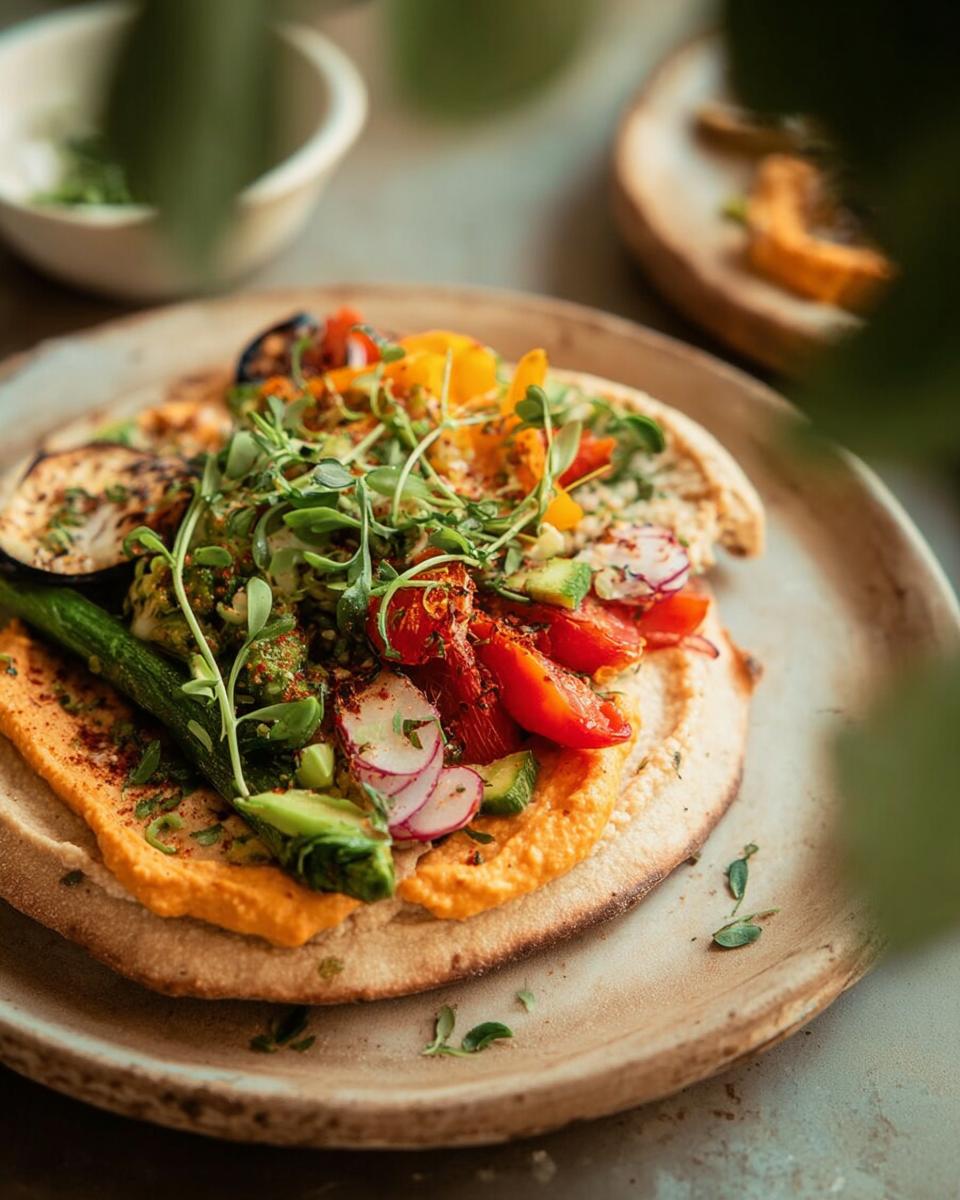 A vibrant Mediterranean flatbread topped with hummus, roasted vegetables, avocado, and microgreens, perfect for easy dinner recipes.