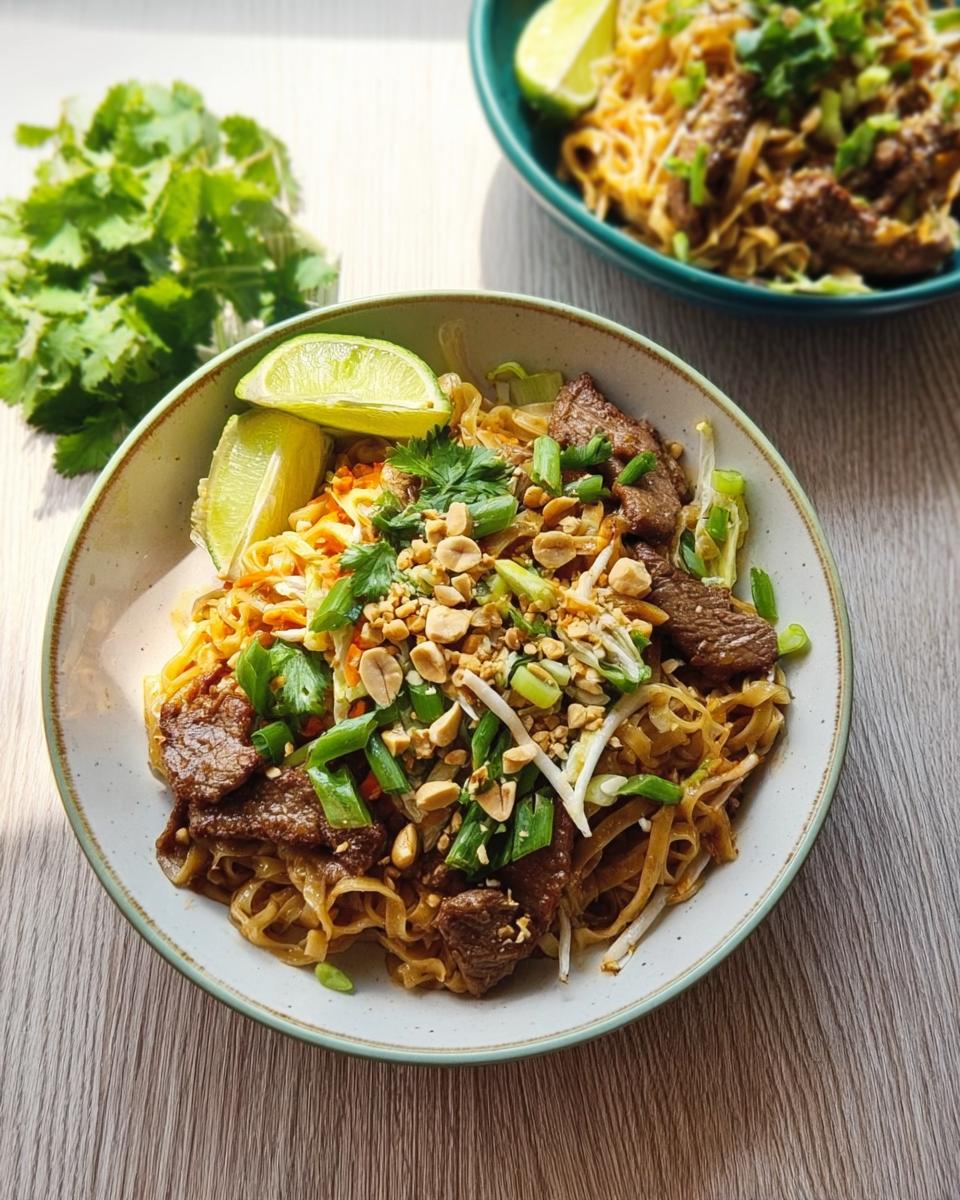 A delicious bowl of beef Pad Thai, a perfect easy dinner recipe, garnished with lime, peanuts, and cilantro.