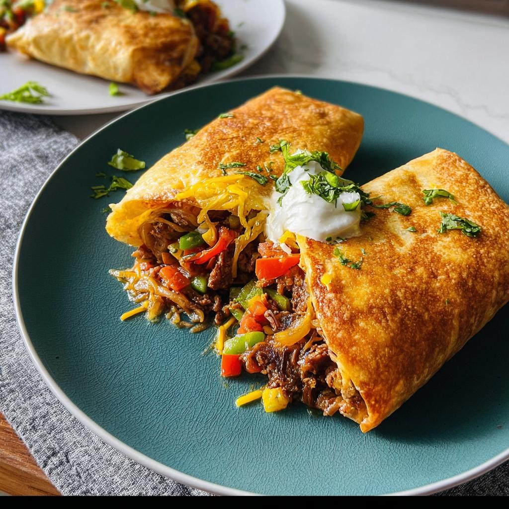 A close-up of a golden-brown burrito cut in half, revealing a filling of steak, colorful bell peppers, onions, and shredded cheese, topped with sour cream and cilantro. Part of 20-Ingredient Easy Dinner Recipes.