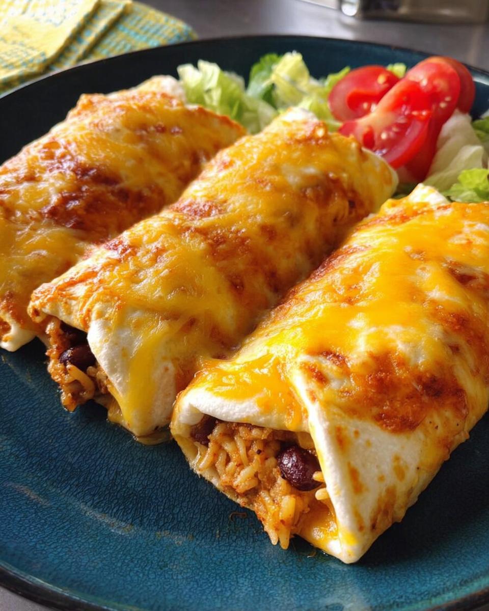 Three cheesy baked enchiladas filled with rice and beans, served with lettuce and tomato.