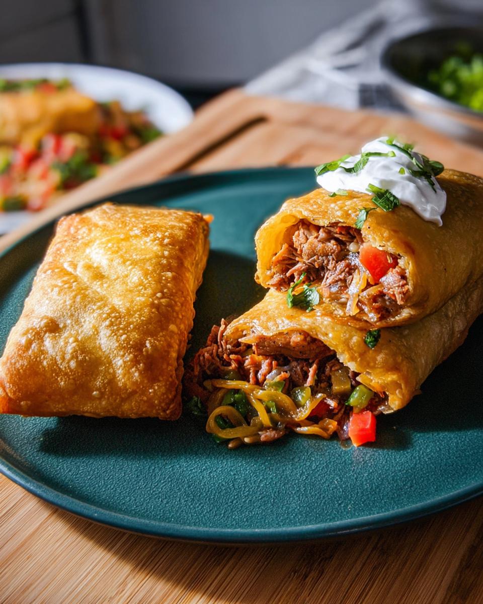 Close-up of a crispy fried burrito, cut in half to show shredded meat and vegetable filling, topped with sour cream and herbs.