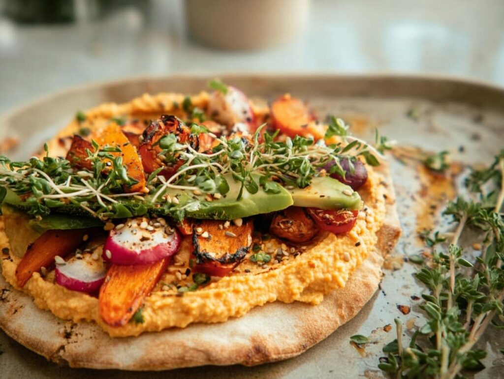 A vibrant flatbread topped with creamy hummus, roasted vegetables like carrots and radishes, avocado slices, and fresh sprouts, perfect for easy dinner ideas.