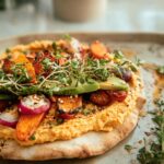 A vibrant flatbread topped with creamy hummus, roasted vegetables like carrots and radishes, avocado slices, and fresh sprouts, perfect for easy dinner ideas.