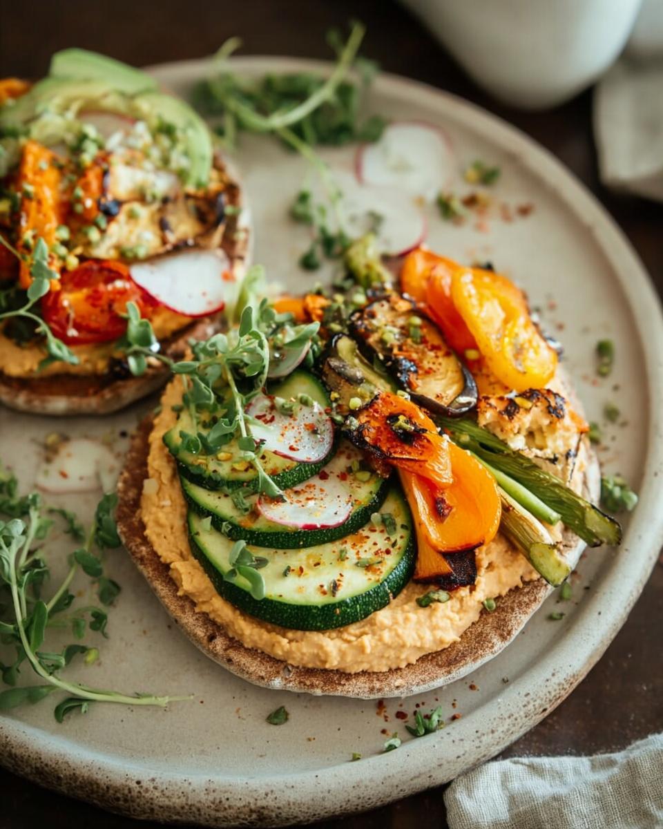 Close-up of a healthy and easy dinner recipe: a pita topped with hummus, grilled zucchini, bell peppers, asparagus, and radishes.