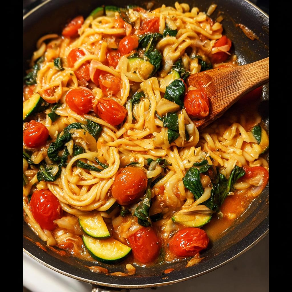 A close-up of a one-pot pasta dish with cherry tomatoes, zucchini, and spinach, a perfect easy dinner recipe.