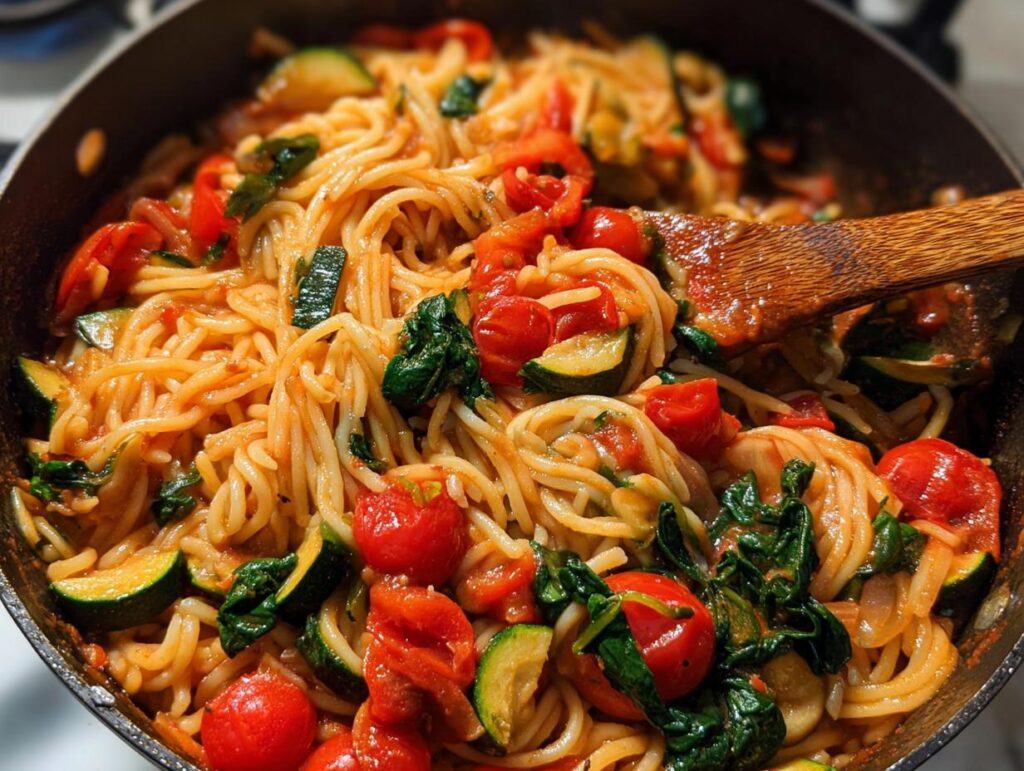 Close-up of a one pot pasta with cherry tomatoes, zucchini, and spinach, perfect for easy dinner recipes.